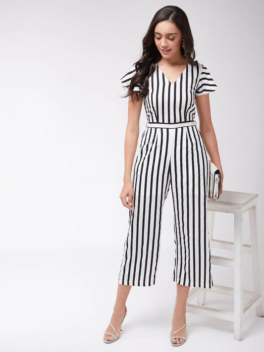 ExoFits Women's Black & White Monocromatic Stripes Jumpsuit