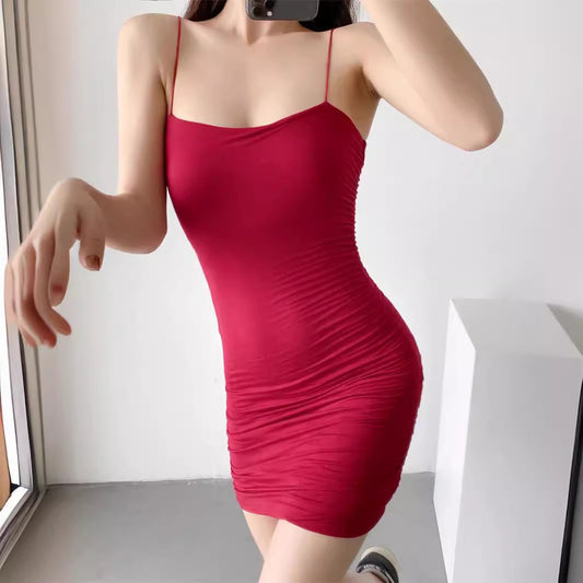 Pure Hot Girl Double Layer Pleating Rubber Band Sling Dress